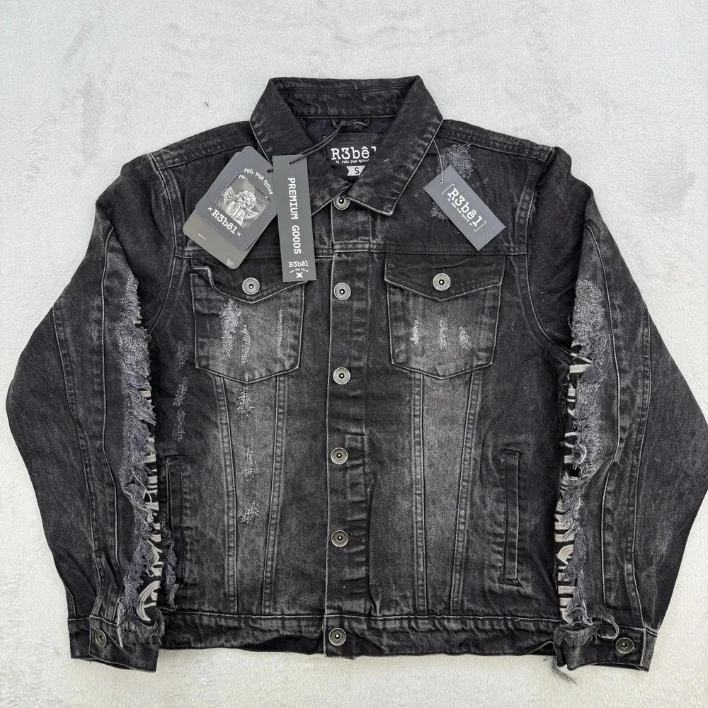 R3bel Jacket Mens‎ Small Denim Black Distressed Stay High Paradise Streetwear